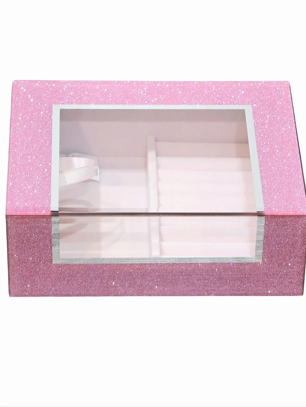 At Home Pink Glitter Mirrored Decorative Jewelry Organizer Box